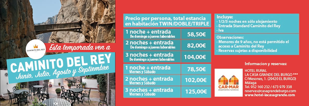 oferta, 2 noches + entrada caminito del rey por 99 euros